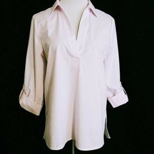Jones NY Pink Pinstripe Tunic Top Blouse M Roll Tab Sleeves V-Neck Slipover Nice